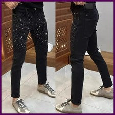 Nuevos Jeans Negros Elastizados Elegante Estilo Coreano Otoño Informales con Adornos de Parche