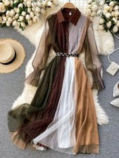 s-Primavera Verano Moda Color Contraste Retazos Malla Camisa Vestido Mujeres s-xxl