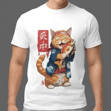 Camiseta Maneki Neko Gráfica Pez Gato Estilo Japonés Unisex Manga Corta