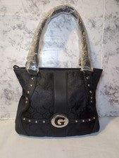 GUESS? Bolso Cartera Negro Plateado Logo Herrajes Doble Asas Diseñador Para Mujer