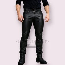 Pantalones de motociclista para hombre de cuero real elegantes y sexy estilo 501 pantalones de mezclilla negros