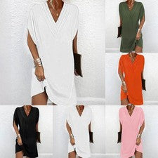 Vestido para mujer en capas color liso cuello en V media manga falda corta suelta
