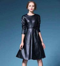 Nuevo Vestido Informal Hecho a Mano Mujeres Cuero Negro Moda Genuino Suave Piel de Cordero