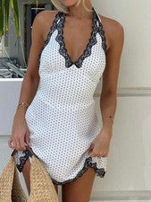 Mini vestido sexy con escote en V y estampado de lunares