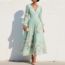 Mujeres Moda Cuello en V Chifón Floral Vacaciones Vestidos Manga Larga Vestidos Largos