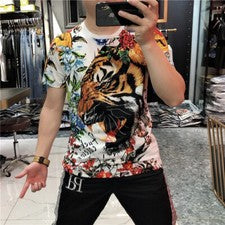 Nueva Camiseta Hombre Lujo Tigre Estrás Moda Negra Blanca Alta Calidad