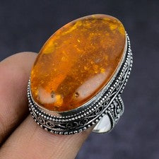 Anillo de joyería de regalo de plata de ley 925 con piedras preciosas de ámbar báltico talla 8,5 e074