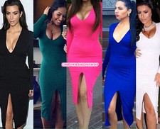 Nuevo Sexy Vestido ceñido al cuerpo ajustado de noche de cóctel manga larga en V profundo para mujer EE. UU.