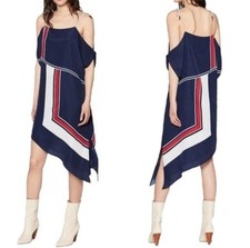 NUEVO CON ETIQUETAS $348 Vestido Joie Edyte Hombro Frío Dobladillo Asimétrico XS Mujer Azul Marino Oscuro Rojo