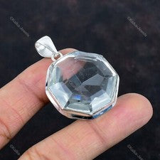 Colgante Boho Octágono Natural Topacio Blanco Bisel Hermana Moda Plata de Ley 925