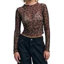 Camiseta corta manga larga estampado dinero moda malla transparente para mujer 7656
