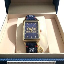 Reloj True Religion Mujer Dorado Azul Marino Denim Correa Rectangular Bloqueo Dije TRL100