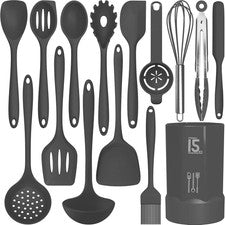 Juego de utensilios de cocina de silicona - 446 ° F resistente al calor cocina seguro sin BPA (gris