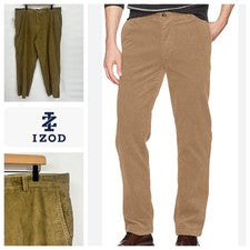 Pantalones chinos IZOD para hombre marrón pana frente plano talla 42x30 lavado con agua salada