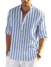 Camisa Henley de Playa Informal Manga Larga Algodón Cáñamo Para Hombre (Azul Blanco Rayas, L)