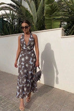 Maxi Vestido de Verano Para Mujer Floral Cuello Halter Elástico Corte Espalda Dobladillo Ancho