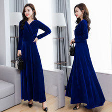 Maxi vestido de terciopelo de moda para mujer manga larga cintura alta cuello en V swing fiesta elegante