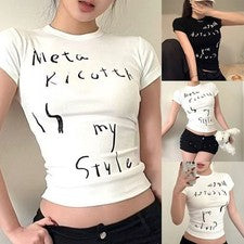 Retro Gyaru Camiseta Estampada Mujer Manga Corta Slim Fit Moda Ocio
