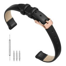 Correa de cuero genuino negro de 10 mm de ancho, correa de reloj plana delgada hebilla de oro rosa