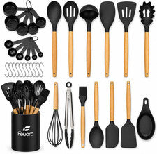 Juego de utensilios de cocina de silicona de 33 piezas, asas de madera resistentes al calor, juego sin Bpa