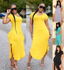 Maxi vestido túnica para mujer V Plus cuello en V con aberturas laterales y bolsillos
