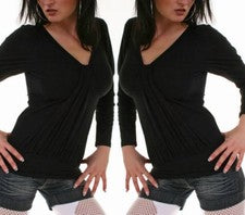 Moda Mujer Doblez Efecto V Escote Camisa Manga Larga Top 34/36/38 Negro Nuevo