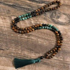 Collar Ojo de Tigre Turquesa 108 Mala Cuentas Oración Borla Sanación Mujeres Hombres