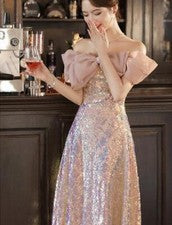Sexy Vestido de Noche Para Mujer Empalme Lentejuelas Hombro Descubierto Fiesta Moño Falda Larga