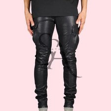 Pantalón informal calce ajustado con botones delanteros de cuero de cordero genuino para hombre