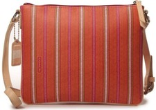 Nuevo con etiquetas Auténtico COACH LEGACY Fin de Semana Rayas Swingpack Bandolera PVC Rosa Lima Orng