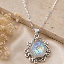 Collar colgante de piedra lunar arco iris de plata esterlina 925 maciza joyería hecha a mano