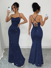 Elegante Vestido de Fiesta Largo con Tirantes de Espagueti Azul Marino
