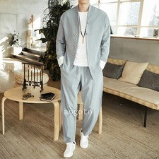 Hombres Estilo Chino Nacional Lino Mezcla Tang Traje Zen Retro Traje Abrigo Pantalón