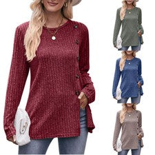 Moda Camiseta Botón Cepillado Abertura Hundida Rayas Color Sólido Para Mujer Cuello Redondo