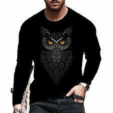 Camiseta Hombre Antiguo Búho Gráfico Negro Manga Larga Moda Casual Ropa De Calle