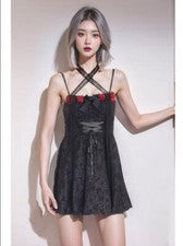 Sexy vestido para mujer de moda gótico con tirantes de espagueti halter con cordones una línea
