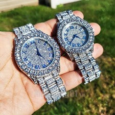 Juego de relojes para parejas Hip Hop Iced Lab diamante plateado banda de metal brillante moda