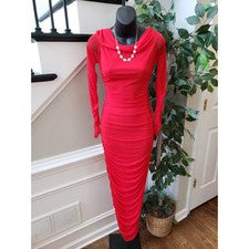 Maxi Vestido Moda Nova Slinky Acanalado Para Mujer S Rojo Capucha Cuello Manga Transparente Forrado