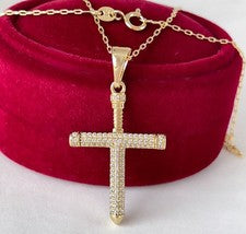 Collar de lujo colgante cruz circonita oro amarillo 585 chapado en oro 14K 50 cm liso