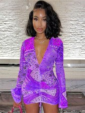 Sexy Vestido Estampado Para Mujer Cuello en V Manga Larga Moda Ropa Informal Fiesta Nuevo
