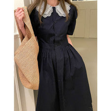 Vestido dulce de mujer de moda con solapa de encaje simple retro hebilla manga burbuja