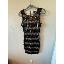Nuevo con etiquetas Vestido As U Wish Para Mujer Pequeño Negro Dorado Lentejuelas Chevron Sin Mangas Glam Fiesta