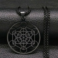 Collar Cubo Metatrones Negro Acero Inoxidable Geometría Sagrada Amuleto Colgante