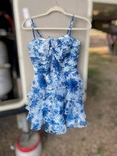 Vestido Mujer Azul y Blanco Flores Talla XS Fiesta, Crucero,