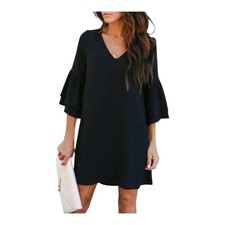 Nuevo Vestido Belongsci Cuello en V Manga Campana Para Mujer Pequeño Negro Moderno Boho