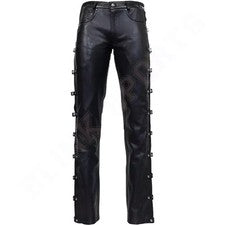 Hombres Clásicos Negro Piel de Cordero Cuero Pantalones Motociclistas Jeans Estilo Calce Ajustado Motocicleta