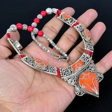 Increíble collar tibetano nepalí hecho a mano de plata esterlina 925 coral rojo 18" PG153