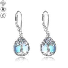 Pendientes colgantes de lágrima de piedra lunar árbol de la vida de plata de ley 925 en caja de regalo