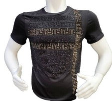 Hombre Moda Italiana Mangas Cortas Camiseta Negra Estrás Llave Griega Dorada