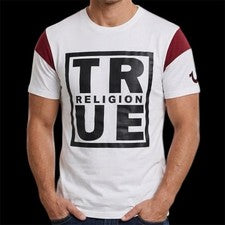 $79 TRUE RELIGION Blanco CUADRADO FUTBOL Manga Corta Diseñador Gráfico Camiseta
